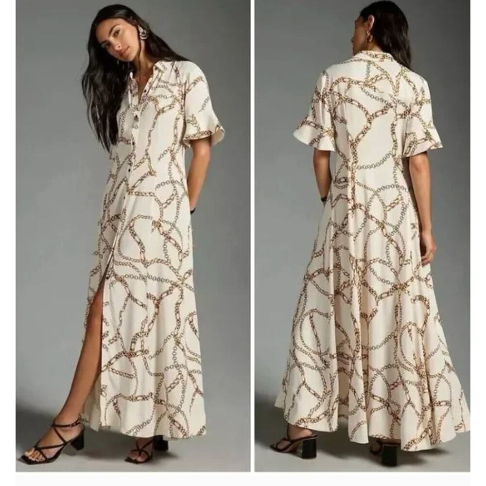 Maeve Dress XS Chain Printed Short Sleeve Maxi White Elegant Party Chic Classic - Picture 1 of 13